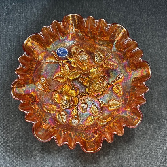 Imperial Glass Other - Imperial Glass Lustre Rose Iridescent Marigold Carnival Footed Bowl 8" Signed